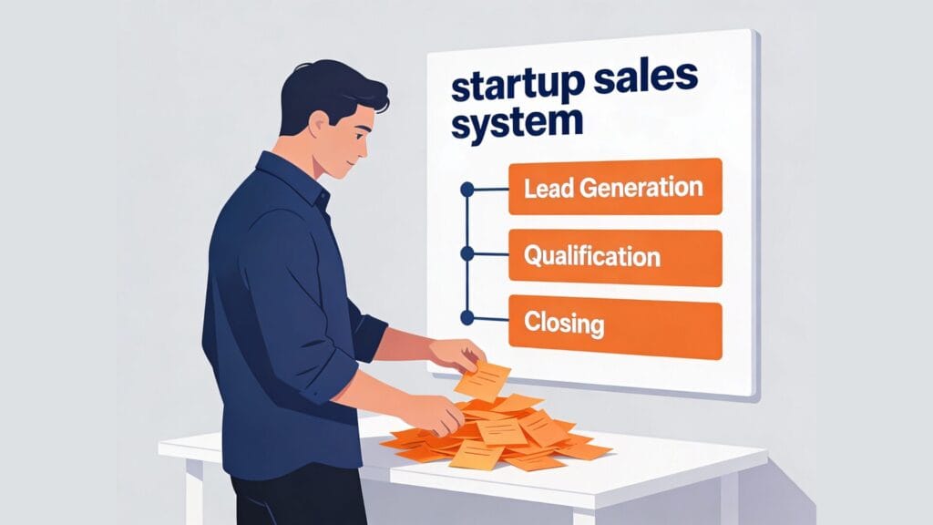 A simple startup sales system board with clear pipeline stages, follow-up steps, and a demo video step before booking.