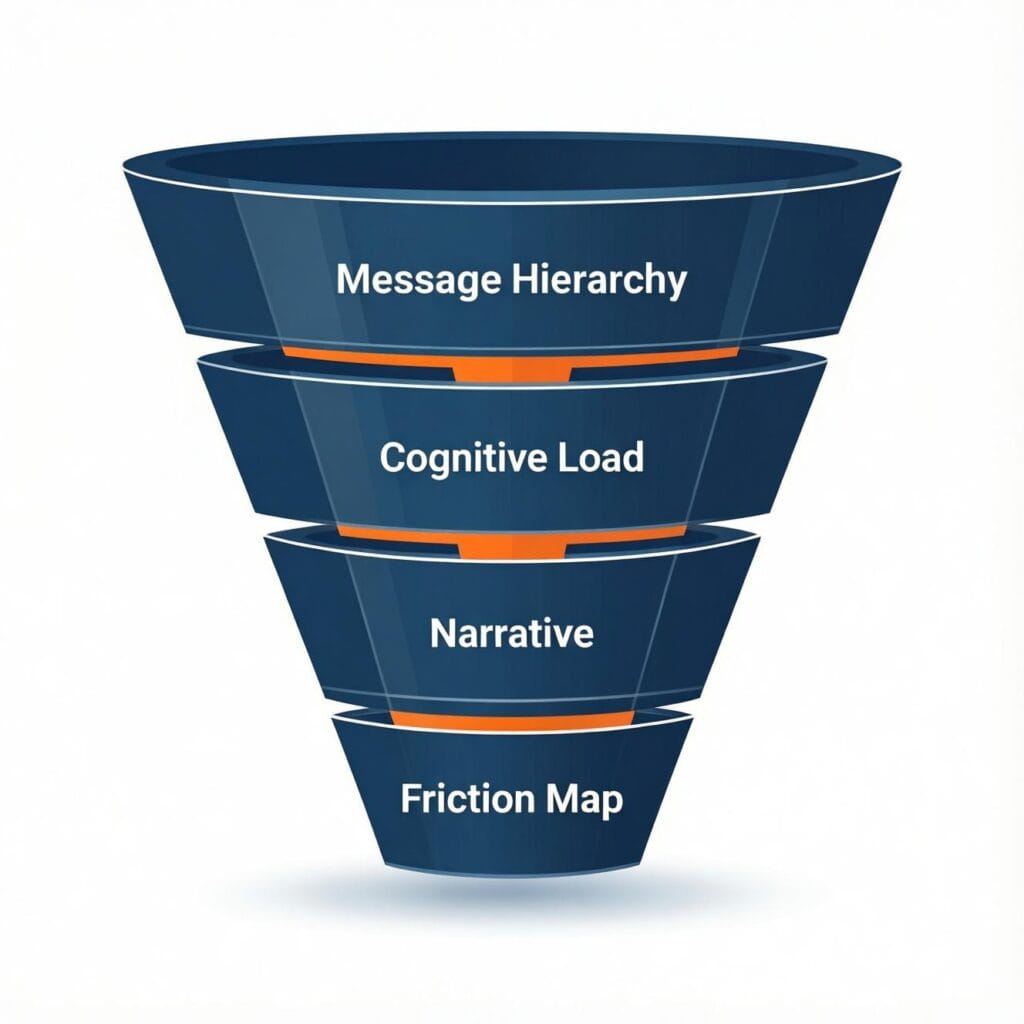 A funnel map showing drop-offs caused by unclear messaging, weak proof, and a high-friction next step.