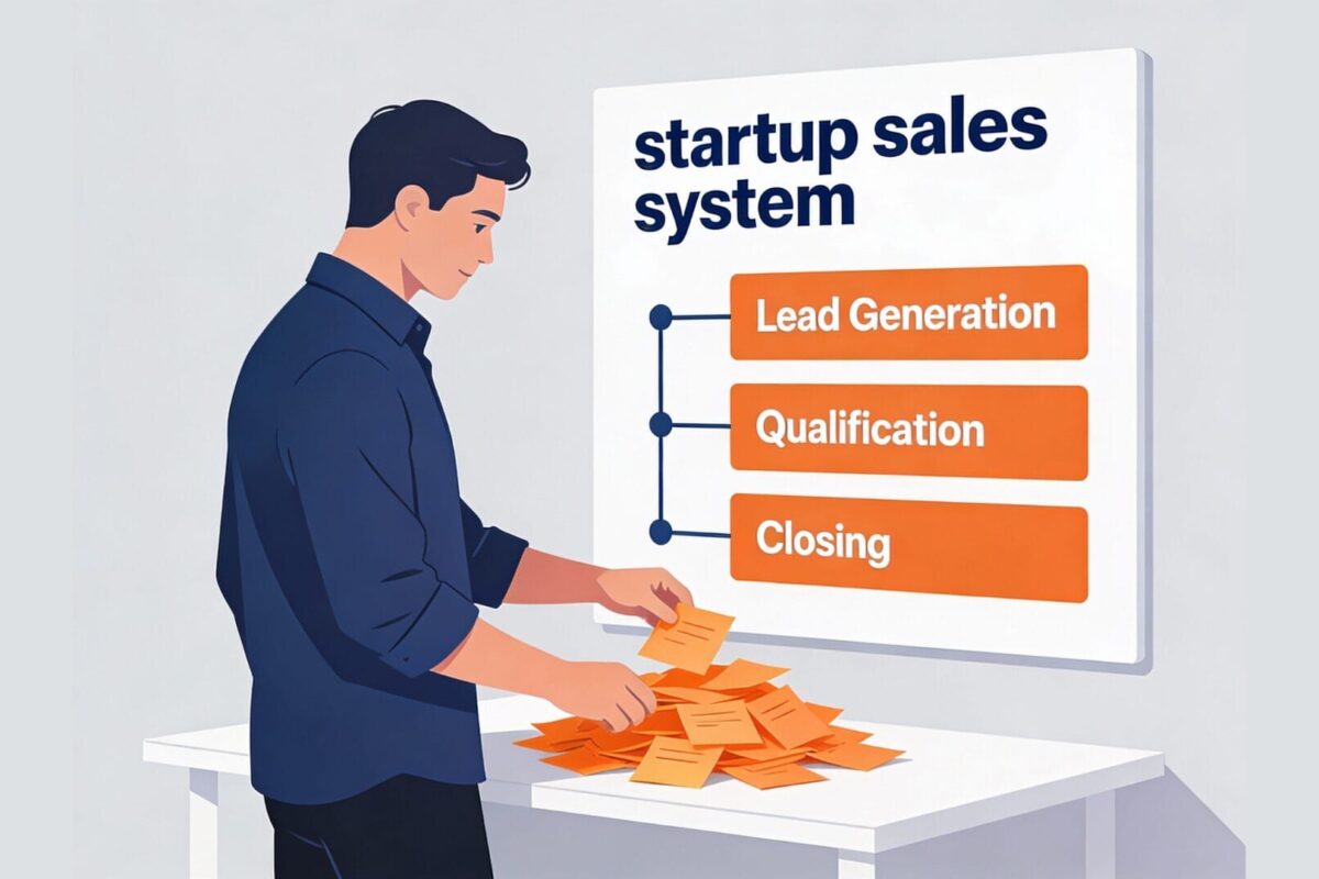 A simple startup sales system board with clear pipeline stages, follow-up steps, and a demo video step before booking.